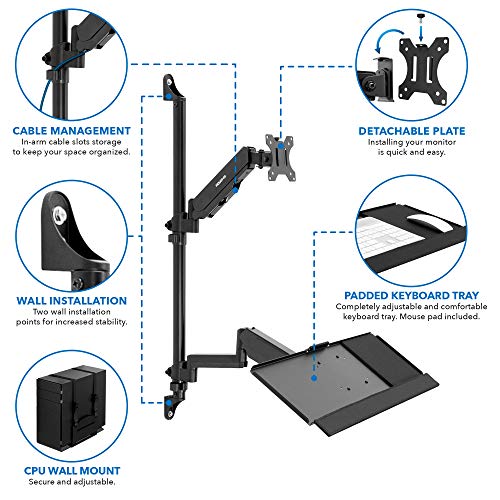 Mount-It! Single Monitor Arm Wall Mount Workstation with Keyboard Tray & CPU Holder, Height Adjustable Gas Spring Full Motion Computer Station, Fits 17–32” VESA 75x75 100x100, Black - size: Single Monitor
