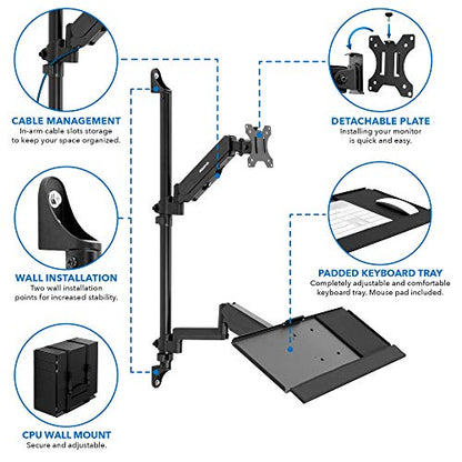 Mount-It! Single Monitor Arm Wall Mount Workstation with Keyboard Tray & CPU Holder, Height Adjustable Gas Spring Full Motion Computer Station, Fits 17–32” VESA 75x75 100x100, Black - size: Single Monitor