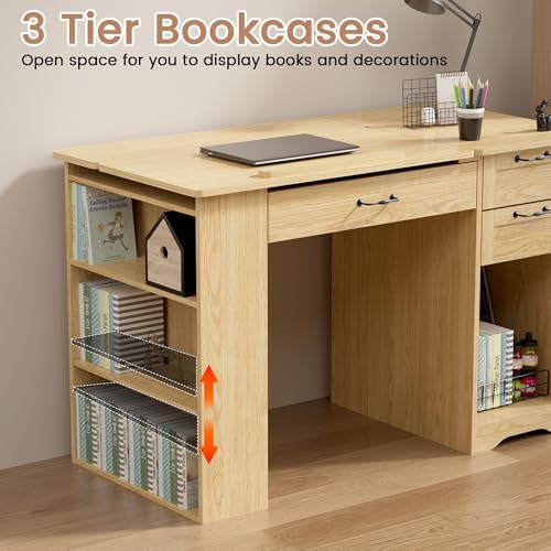 Drafting Table with Storage Cabinet & Drawers, Adjustable Drawing Desk with Open Shelves, Craft Table Painting Desk for Artists, Painters, Drawing, Crafting, Reading, Writing, Working - color: Oak