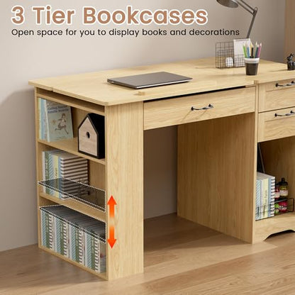 Drafting Table with Storage Cabinet & Drawers, Adjustable Drawing Desk with Open Shelves, Craft Table Painting Desk for Artists, Painters, Drawing, Crafting, Reading, Writing, Working - color: Oak
