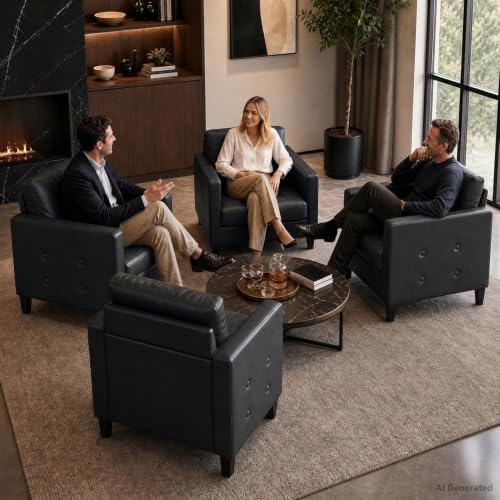 Black Accent Chairs Set of 2, Faux Leather Living Room Chair | STHOUYN, Mid-Century Modern, Tufted Armrest and Seat, Cozy, Office, Reading, Waiting Room, Bedroom - color: Black, size: 2