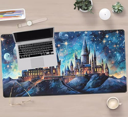Blue Castle Desk Mat Aesthetic Cute Desk Pad, Extended Large Mouse Pad XXL Gaming Keyboard Pad, Computer Desktop Mouse Mat Full Desk Laptop Mat, Fantasy Art Office Desk Accessories 31.5" x 15.7" - color: Painted Castle