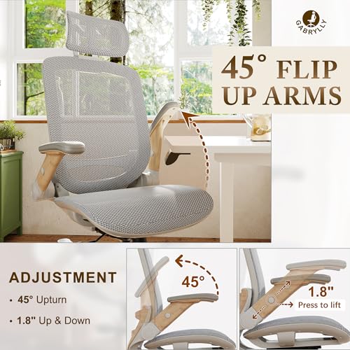 GABRYLLY Ergonomic Office Chair, High Back Home Desk Chair with Flip-Up Arms, Headrest, 90-120° Tilt and Wide Cushion, 300LBS White Mesh Chair for Work Gaming Study (GY01-NT, Woodgrain Pattern) - color: White Frame Moon Grey Mesh