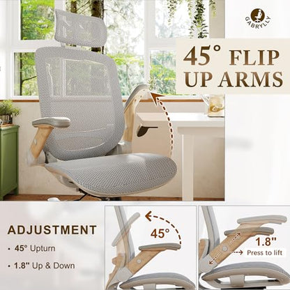 GABRYLLY Ergonomic Office Chair, High Back Home Desk Chair with Flip-Up Arms, Headrest, 90-120° Tilt and Wide Cushion, 300LBS White Mesh Chair for Work Gaming Study (GY01-NT, Woodgrain Pattern) - color: White Frame Moon Grey Mesh