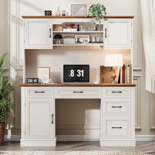 Vabches Executive Desk with 5 Drawers, White - color: Unique White, size: Barn Doors