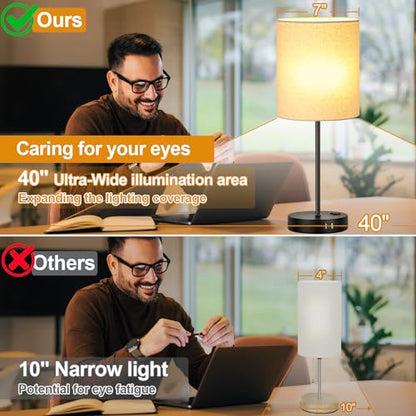 Lynnoland Set of 2 Touch Beige Table Lamps with 2 USB Ports & AC Outlet, 3-Way Dimmable Bedside Nightstand Lamps for Living Room Nursery Office Bedroom, 800 Lumens 2700K Warm Bulbs Included - color: Beige Linen & Matte Black (Base) - 2700K