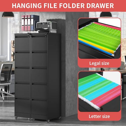 IKIMI 5 Drawer Mobile File Cabinet with Lock,Black Metal Filing Cabinets - color: Black, size: 5 Drawers with Wheels