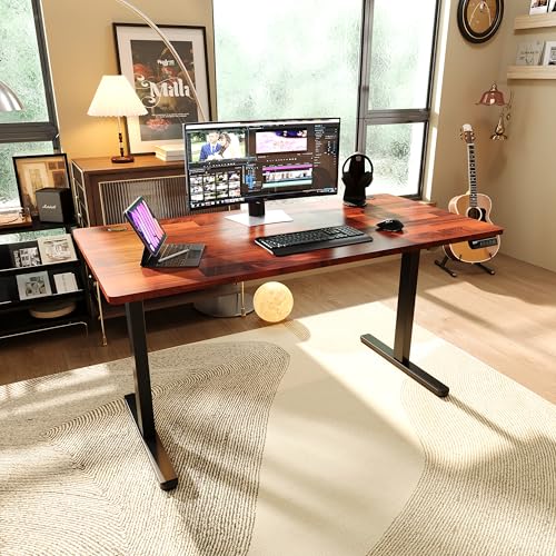 Monomi Electric Standing Desk 55”x24”, Height Adjustable Desk with Wheels - color: Dark Wood Gain, size: 55