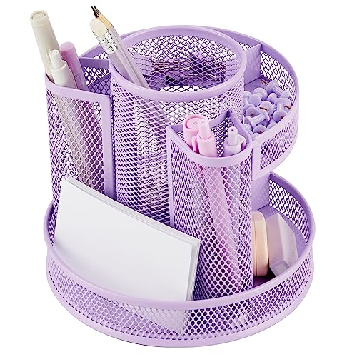 Annova Mesh Desk Organizer Rotate with 5 Compartments Round Spinning Tidy Candy/Pen Holder Desk Accessories Office, Art Supply, Storage, Classroom, Home (Light Purple) - color: Light Purple