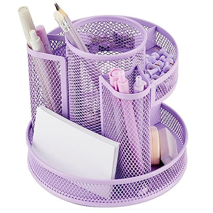 Annova Mesh Desk Organizer Rotate with 5 Compartments Round Spinning Tidy Candy/Pen Holder Desk Accessories Office, Art Supply, Storage, Classroom, Home (Light Purple) - color: Light Purple