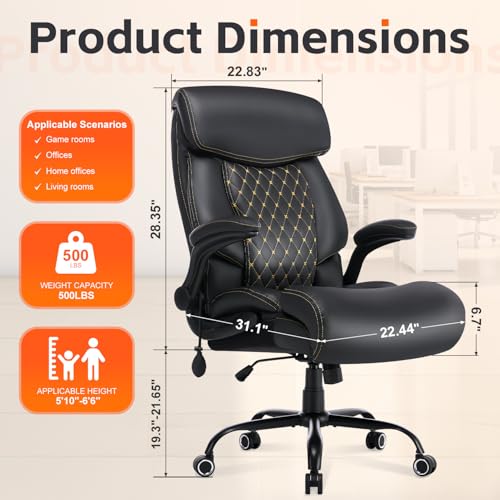 BOSMILLER Big and Tall Office Chair, Heavy Duty Executive Chairs with Adjustable Lumbar Support for Back Pain, Ergonomic Comfortable Computer Chair with Extra Wide Seat for Home Office, Black Pu