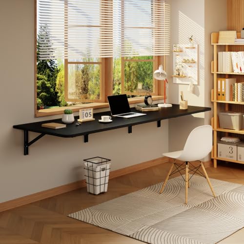 IAE Wall Mounted Folding Desk,Floating Computer Desk for Small Spaces,Black | 72x22in engineered wood desktop with metal brackets, folds flat to save space in home office, apartment and laundry room - color: Black, size: 72"*22"