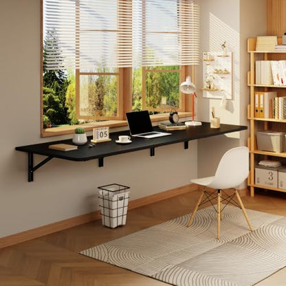 IAE Wall Mounted Folding Desk,Floating Computer Desk for Small Spaces,Black | 72x22in engineered wood desktop with metal brackets, folds flat to save space in home office, apartment and laundry room - color: Black, size: 72"*22"