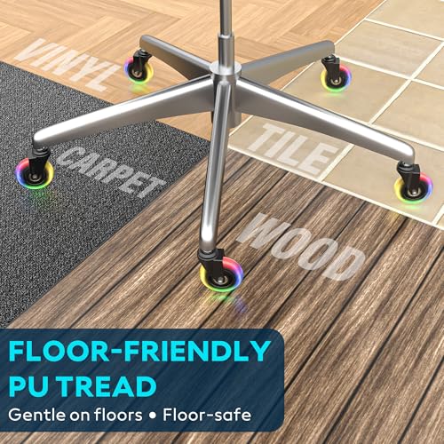 WEWILL RGB Chair Caster Wheels, Self-Lit No Batteries, 3" PU Rubber (5-Pack), Heavy Duty 325kg/715lb, Universal 11x22mm Stem, Quiet for Carpet/Hardwood (Not IKEA) - color: Colorful