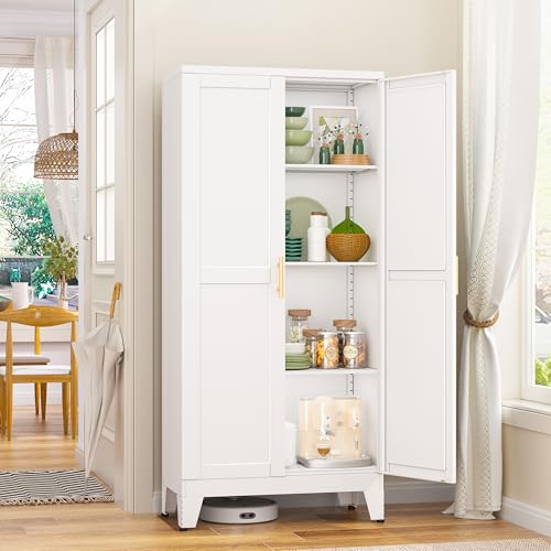 GAIOUS Metal Pantry Cabinet, Kitchen Pantry Storage Cabinets with 2 Door and 3 Adjustable Shelves, White Kitchen Pantry Cabinet, Freestanding Cupboard for Dining Room Living Room Bathroom - color: White, size: 11.81"D x 23.62"W x 47.25"H