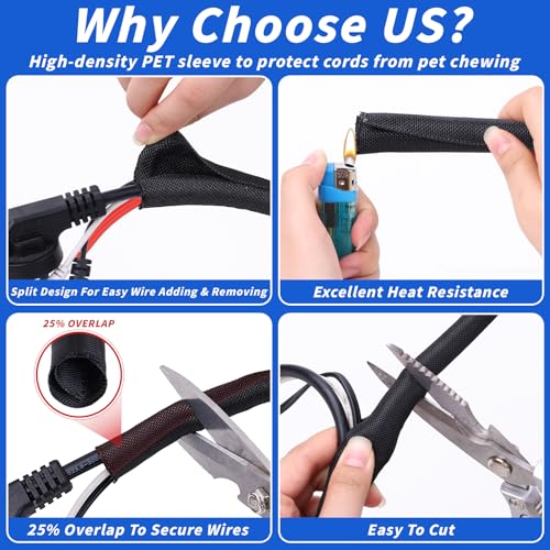 15ft - 3/8in Split Braided Sleeve Cable Management, Self-Wrapping | Flexible loom tubing protects wires from abrasion and heat. Great for automotive, TV, computer, and home electrical use. - size: 3/8inx15ft