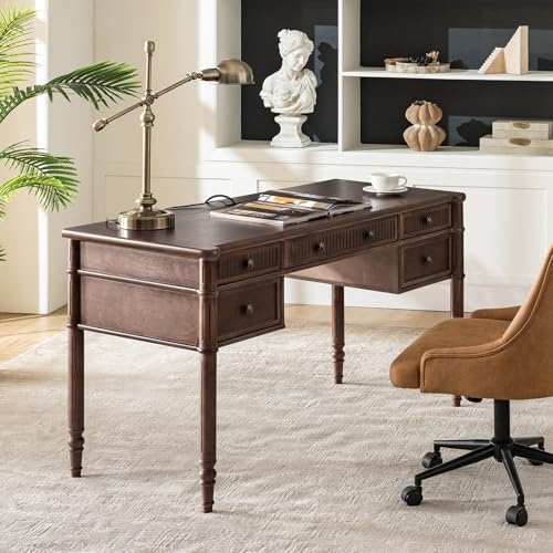 HULALA HOME 55 Inches Fluted Writing Desk with Charging Station, Walnut - color: Walnut