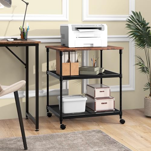 Giantex Printer Stand, 3-Tier Industrial Printer Cart with Lockable Wheels, Adjustable Shelves, Metal Frame, Mobile Under Desk Shelf for Home Office, Printer Table Fit Fax Machine, Scanner (Brown) - color: Brown, size: 24"x20"x27.5"
