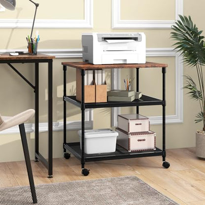 Giantex Printer Stand, 3-Tier Industrial Printer Cart with Lockable Wheels, Adjustable Shelves, Metal Frame, Mobile Under Desk Shelf for Home Office, Printer Table Fit Fax Machine, Scanner (Brown) - color: Brown, size: 24"x20"x27.5"