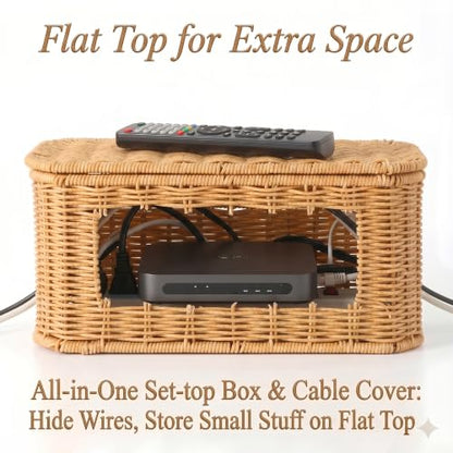 Large Cable Management Box with Lid, Wicker Basket Hides Power Strips, TV Boxes & Routers - size: Large