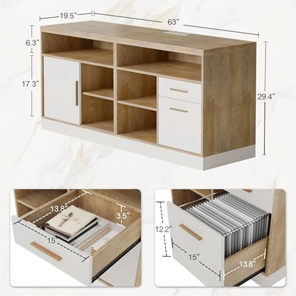 ModernMate 63" Lateral File Cabinet with Lock, 2-Drawer Home Office Storage - color: Light Walnut