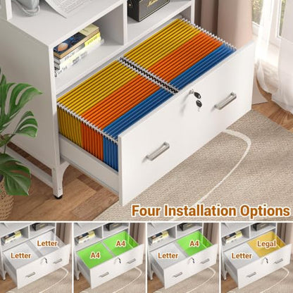 Homieasy Vertical File Cabinet with Shelves and Charging Station, White - color: White