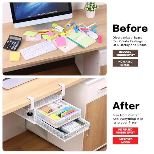 Under Desk Drawer, Clamp on Desk Organizer Slide Out Table Storage No Drill - color: White - 2 Tier