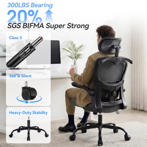 AreShark Ergonomic Office Chair, Desk Chair with Adjustable Lumbar Support | High Back Breathable Mesh Computer Chair with Adjustable Headrest,Hanger,Flip Up Armrest and Rocking Function for Home Office - color: Dark Gray