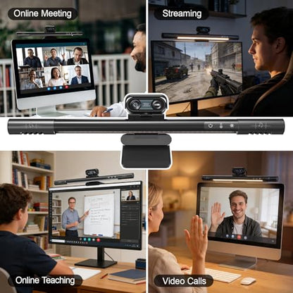 4-in-1 4K Webcam with Microphone and Speaker, Noise Cancellation, Privacy Cover, Auto Light Correction, 90° FOV , Plug & Play USB Camera with Monitor Light Bar, Webcam for PC/Meeting/Online Video