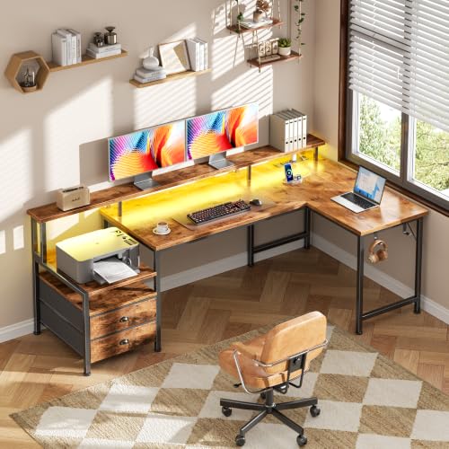Korfile 57'' L Shaped Computer Desk with Storage Drawers, Power Outlet, LED - color: Rustic Brown, size: Medium: 57 inches