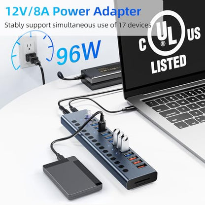VANGREE Powered USB Hub 10Gbps, 17 Ports USB 3.2 Hub, 96W Power Adapter - color: Gray
