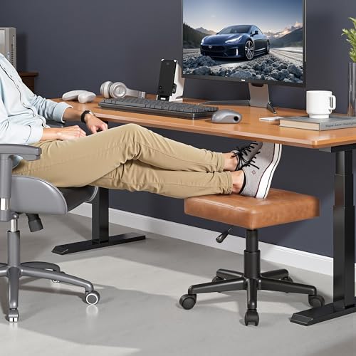 VECELO Under Desk Footrest, PU Ergonomic Foot Rest with Wheels, Comfort Padding, Height Adjustable for Relieving Leg Pain, Stiffness, and etc, Brown - color: Brown