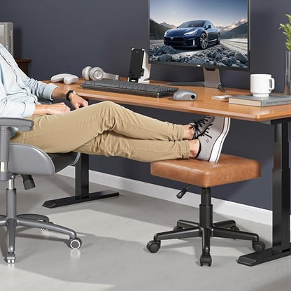 VECELO Under Desk Footrest, PU Ergonomic Foot Rest with Wheels, Comfort Padding, Height Adjustable for Relieving Leg Pain, Stiffness, and etc, Brown - color: Brown