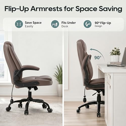 MALOL Leather Office Chair, Home Desk Chair with Flip-up Arms, Brown - color: Brown-new, size: Set of 1