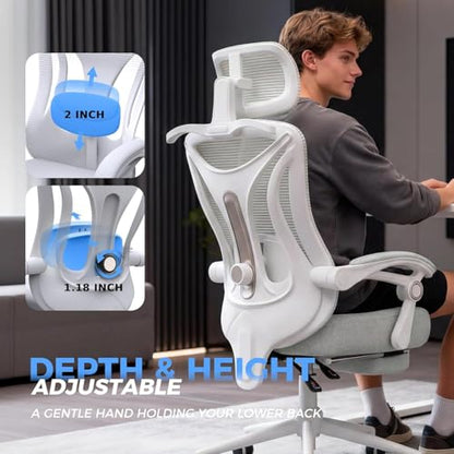 CYKOV Ergonomic Office Chair with Footrest - Adjustable Lumbar Support & Headrest, 90-135° Reclining Mesh Back Computer Chair - Home Office/Gaming, 350lbs Capacity - color: Light Grey