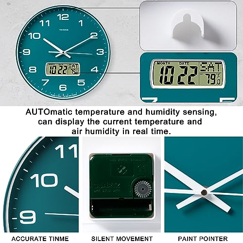 Wall Clock, 14" Large Dial Non-Ticking Silent Battery Operated Analog with LCD Display for Perpetual Calendar and F° Temperature, Ideal Modern Home, Bedroom, Kitchen, Office Decor(Green) | Perpetual calendar, Fahrenheit temperature, easy-to-read analog di