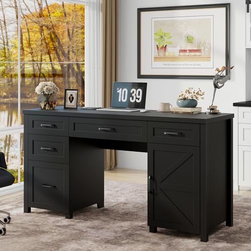 Halitaa Farmhouse 61'' Executive Desk with 5 Drawers,Pure Black | Rustic Office Desk with Charging Station, File Drawers and Storage Cabinet, Wood Workstation for Study and Home Office - color: Pure Black, size: 61''W with 5 Drawers