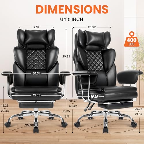 NEO CHAIR Big & Tall Leather Office Chair, High Back, Lumbar Support, Black | Gaming Chair for Adults and Computer Use, Reclining Office Chair with Foot Rest, Comfy Design and Heavy Duty Support - color: Black