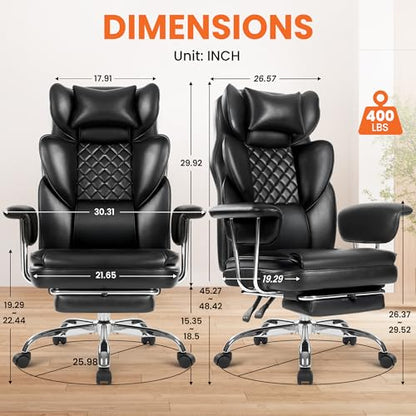 NEO CHAIR Big & Tall Leather Office Chair, High Back, Lumbar Support, Black | Gaming Chair for Adults and Computer Use, Reclining Office Chair with Foot Rest, Comfy Design and Heavy Duty Support - color: Black