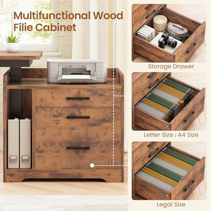 SEDETA L Shaped Electric Standing Desk with File Cabinet, 63 x 53'' Height Adjustable Home Office Computer Desk with 3 Drawers, Power Outlet, Stand up Gaming Table with Led Lights, Rustic Brown - color: Rustic Brown, size: 63 x 53'' L Shaped Standing Desk