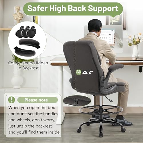 500LBS Drafting Chair, High Back Safer Standing Desk Chair, Executive Tall Office Chair with Flip-up Armrests, Upholstered Fabric Task Chair, Ergonomic Seat with Adjustable Height&Foot Ring, Dark Gray - color: Dark Gray