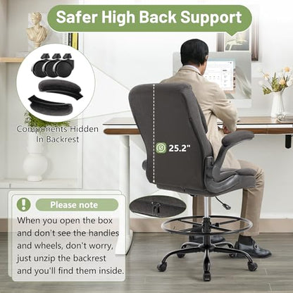 500LBS Drafting Chair, High Back Safer Standing Desk Chair, Executive Tall Office Chair with Flip-up Armrests, Upholstered Fabric Task Chair, Ergonomic Seat with Adjustable Height&Foot Ring, Dark Gray - color: Dark Gray
