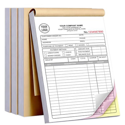 Custom Invoice Book with Logo 50 Set Personalized Receipt Books Customized Invoices for Small Business 3 - Parts Carbonless Duplicate Invoice Forms NCR Books - size: 5.5" x 8.5", style: 3-part invoice
