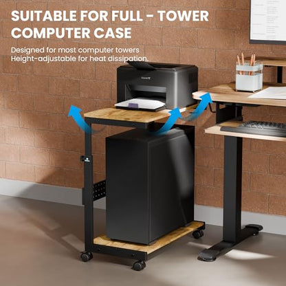 EUREKA ERGONOMIC PC Stand Computer Cart, Height Adjustable Tower Stand 2-Tier Suit for ATX Case Printer, Metal Rolling Cart on Wheels for Gaming Home Office, Antique Wood - color: Antique Wood