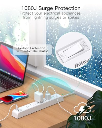 Mifaso 2 Pack Power Strip, 12FT Long Extension Cord, 1080J Surge Protector - size: 12FT, style: Braided Cord & Right Angle Plug