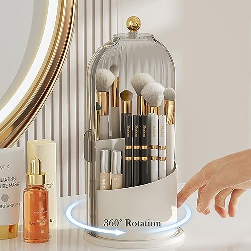 Makeup Brush Holder Organizer (Clear White Cap) | With Lid, 360° Rotating, Dustproof, For Vanity Desktop Bathroom Countertop - color: Clear White Cap