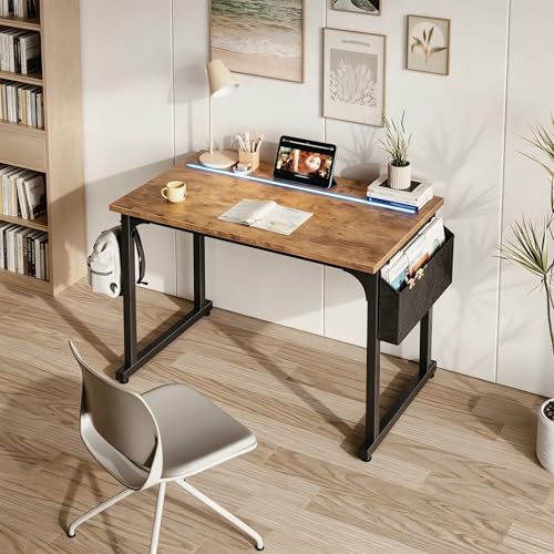 DurayLoly 32" Gaming Desk with Waterproof LED Lights for Bedroom,Brown - color: Rustic Brown, size: 32 IN