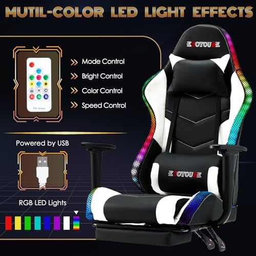 ECOTOUGE Racing Style RGB LED Lights Gaming Chair with Footrest - color: Rgb White, size: with footrest