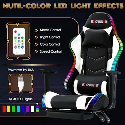 ECOTOUGE Racing Style RGB LED Lights Gaming Chair with Footrest - color: Rgb White, size: with footrest