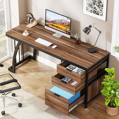 Tribesigns 59 Inch Computer Desk with 3 Drawers, Industrial PC Desk Study Writing Table Workstation with File Storage, Home Office Desks with Large Desktop and Metal Frame (Walnut) - color: Walnut